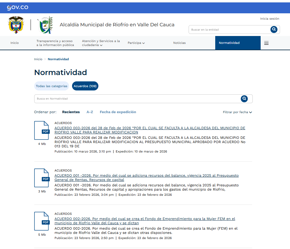 Enlace Acuerdos municipales 2026 mostrando los acuerdos radicados disponibles para consulta ciudadana y sanción